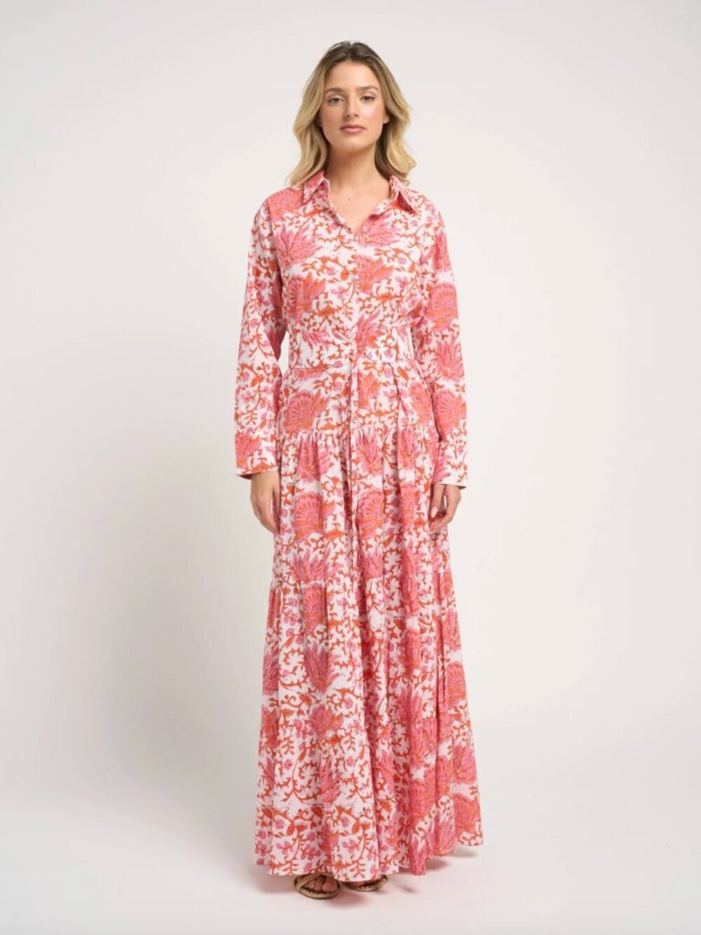 Guadalupe Long Sleeved Lightweight Cotton Pullover Flowy Floral Maxi Dress, XS